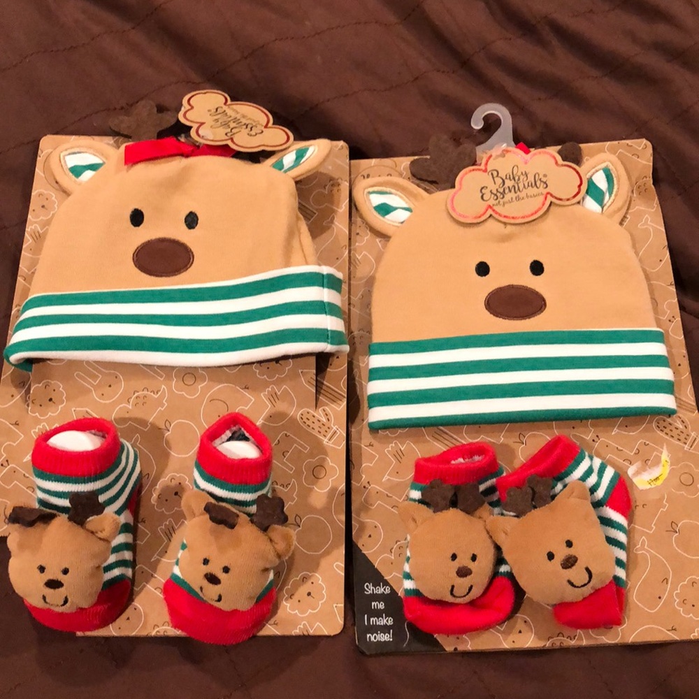 TWO Christmas hat and rattle socks sets 0-6 months